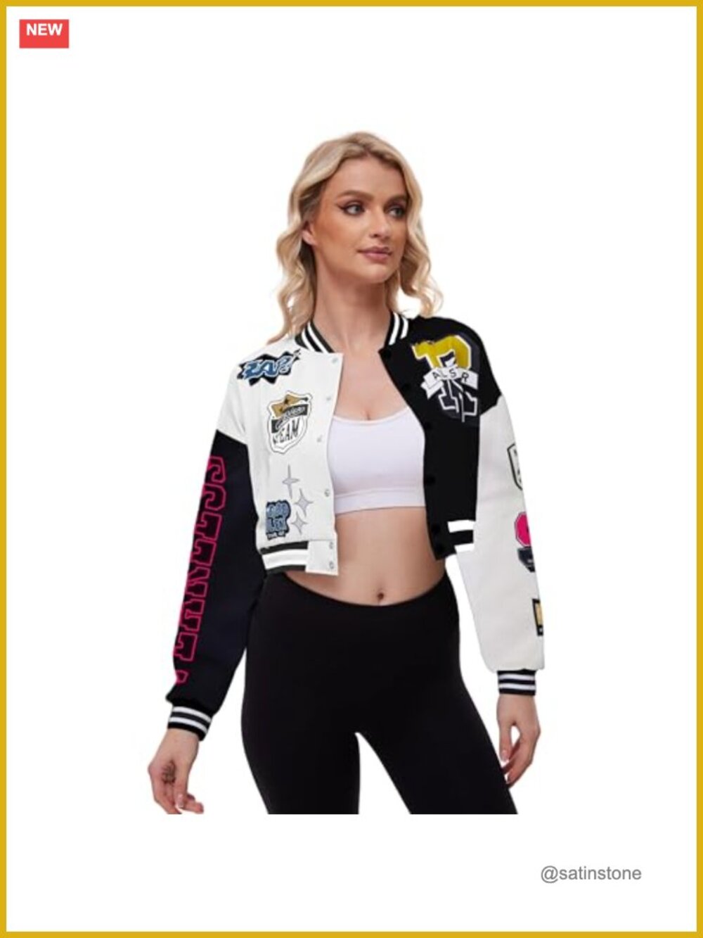 Cropped Varsity Jacket Colorblock Bomber Jacket Casual Button Down Coat